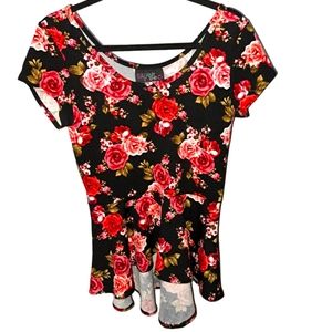 Like New Beautiful peplum dark floral design blouse